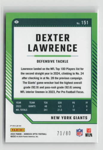 2024 Donruss Optic Dexter Lawrence /80 Pink Velocity #151 New York Giants - Bild 2 von 2