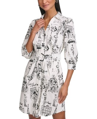 Karl Lagerfeld Paris Womens Printed 3/4 Sleeve Shirtdress White/Black Size 12