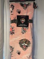 Ed Hardy Throw Blanket Tiger Animal Print Red Heart Flames Swords Pink NWT