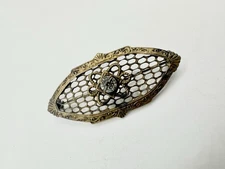 Antique Art Deco Brass Gold Tone Net Filigree Paste Stone Brooch C Clasp Read