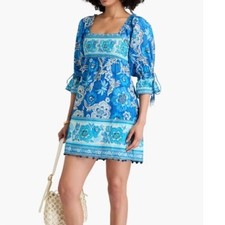 Farm Rio Full of Flowers Mini Dress Blue Off Shoulder Smocked Square Neck XS NEW