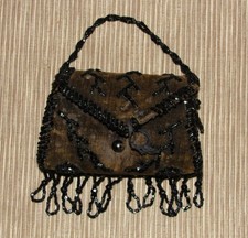 Antique-Victorian/Flapper/Art Deco Velvet Mini Purse/Reticule/Brown Black Beads