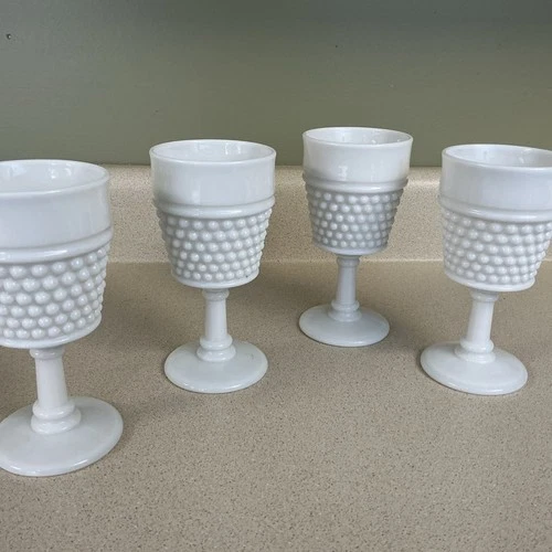 Set Of 2 Vintage White Milk Glass Hobnail Pedestal Goblets.