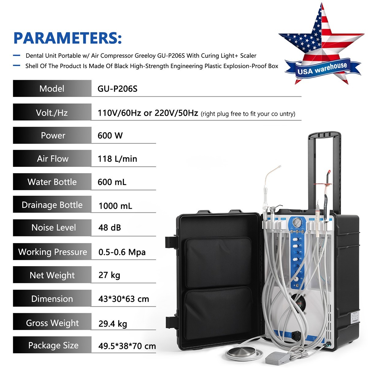 Portable Dental Unit System Air Compressor powerful suction Scaler Curing Light
