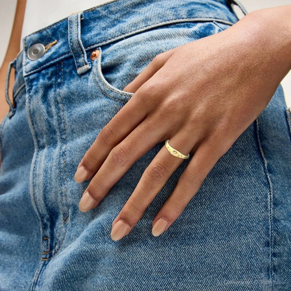 Anillo Celestial Diamante Natural, Anillo Cúpula Estrella Pinky Dedo Banda Oro Amarillo 14k Foto 2 de 4