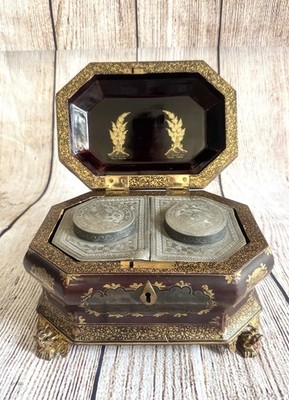 ANTIKE CHINESISCHE TEEDOSE CHINOISERIE AUS GOLD UM 1800 VERGOLDET EBONISIERT LACKIERT EXPORT