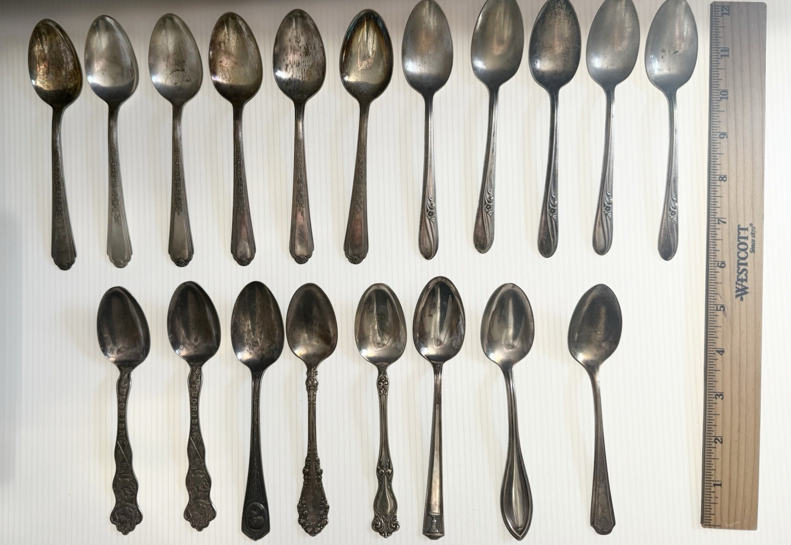 19 Vintage Silver Plate Spoons - Variety of Patterns & Brands - As Is, See Pics