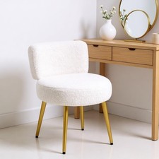 Compact Teddy Boucle Vanity Chair Gold Finish Legs Soft Teddy Stool Beige White