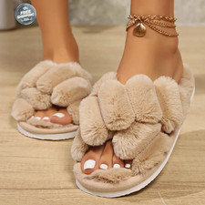 Fashion Cross Strap Fluffy Slippers Women Winter Home Open toed Plush Fur.