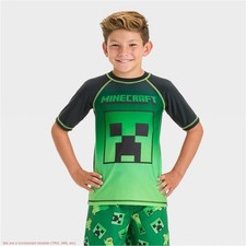 Boys' Minecraft Rash Guard Top Green UPF 50 Swimwear SIZE M SEE DEAL  
