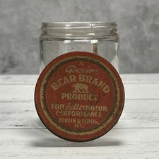 Vintage Bear Brand Products Glass Jar Automotive Parts 1930s Litho Tin USA