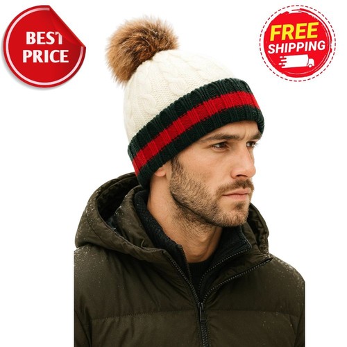 LADIES WOMENS MENS WINTER KNITTED BEANIE SKI HAT FAUX FUR BOBBLE POM POM - Picture 3 of 6
