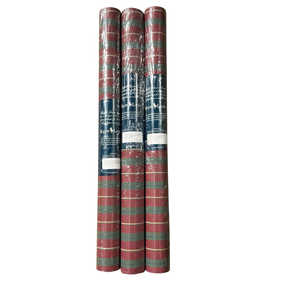 VTG Ralph Lauren Wallpaper 3 Double Rolls Regimental Stripes Red LWPO0150W - NEW - Image 2 of 4