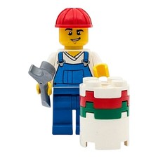LEGO minifigure operaio blu/bianco casco tanica chiave inglese porto