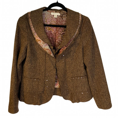 Coldwater Creek Tweed Jacket Size 8 Women's Cottagecore Brown Short Lined Twee