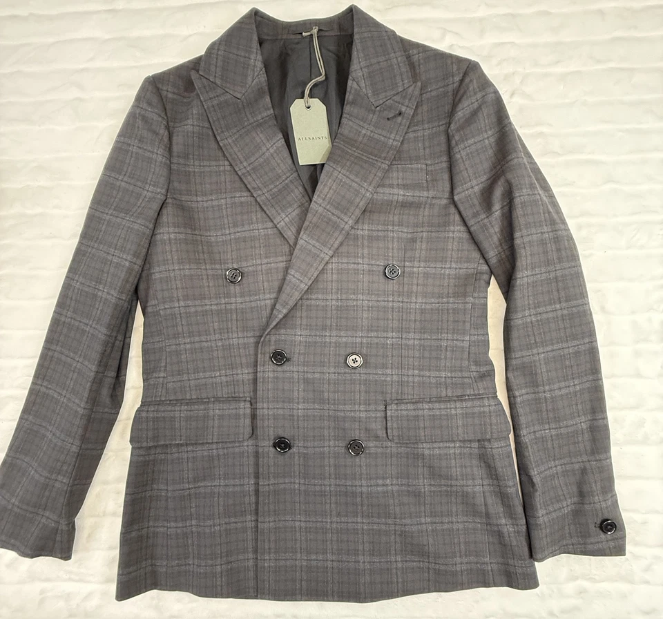 Blazer AllSaints Spica Para Hombres 34 Marrón Gris Cuadros Doble Pecho Traje Chaqueta Nuevo Foto 3 de 4