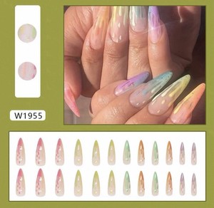 Glitter Full Cover Almond Long Multicolor Plastic Artificial Nails W1955