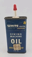 Vintage White Sewing Machine Oil Blue White Yellow Metal Can w/oil