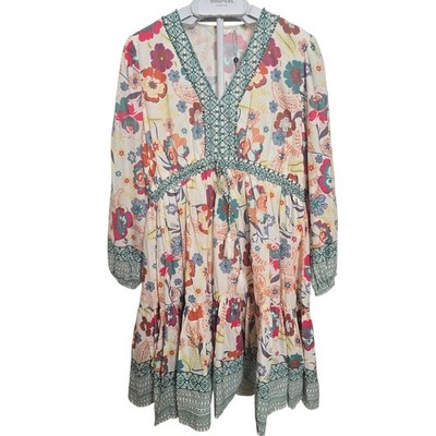 Kaktus Floral Boho Dress XL Tiered Knee Length Peasant Cotton NWT Women's