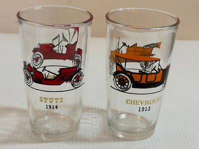 Vintage Hazel Atlas Set of 2 Antique Automobile Car Glasses Tumblers Hudson Ford