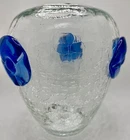 Vtg 1950s BLENKO Blown Glass Crackle Vase Blue Rosette Flowers 8" Tall