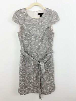 j crew grey dress J Crew Belted Crew Neck Cap Sleeve Tweed Grey Dress Size 4 TALL Black White