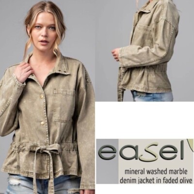 $98 NWT EASEL S Jacket Mineral Washed Snap Faded Olive Denim Drawstring