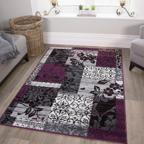 Purple Black Grey Modern Patchwork Rug Soft Milan Living Room Carpet ...