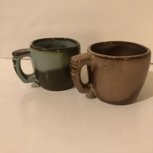 2 Mid Century Vintage Frankoma 5C Plainsman Mugs.  Brown And Woodland Moss EUC