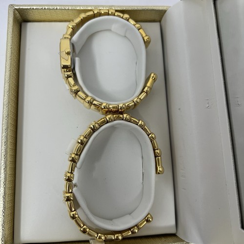 Gruen Watch Bangle Bracelet Set Gold Tone with Rhinestones in Mirror Case - Picture 4 of 14