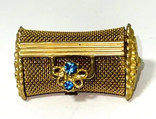 Miniature Pill Coin Box  Gold Tone  Mesh Purse Jeweled Rhinestones 2" Vintage