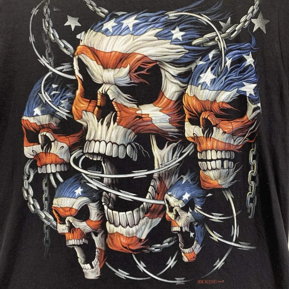Camisa calavera vintage Y2K para hombre mediana alambre de afeitar cadenas bandera americana doble cara Foto 2 de 4