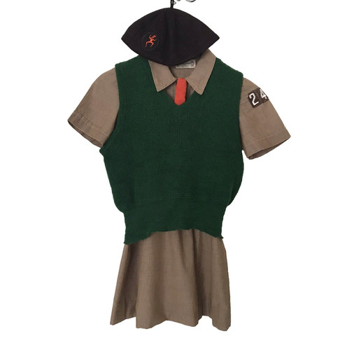 Vtg 1950s Girl Scout Brownie Uniform: Dress Felt Beanie Cap Vest Tie Size 5/6?
