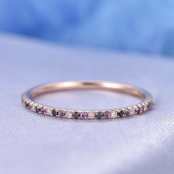 Natural Purple Amethyst Band Ring Full Eternity Rose Gold Plated Silver