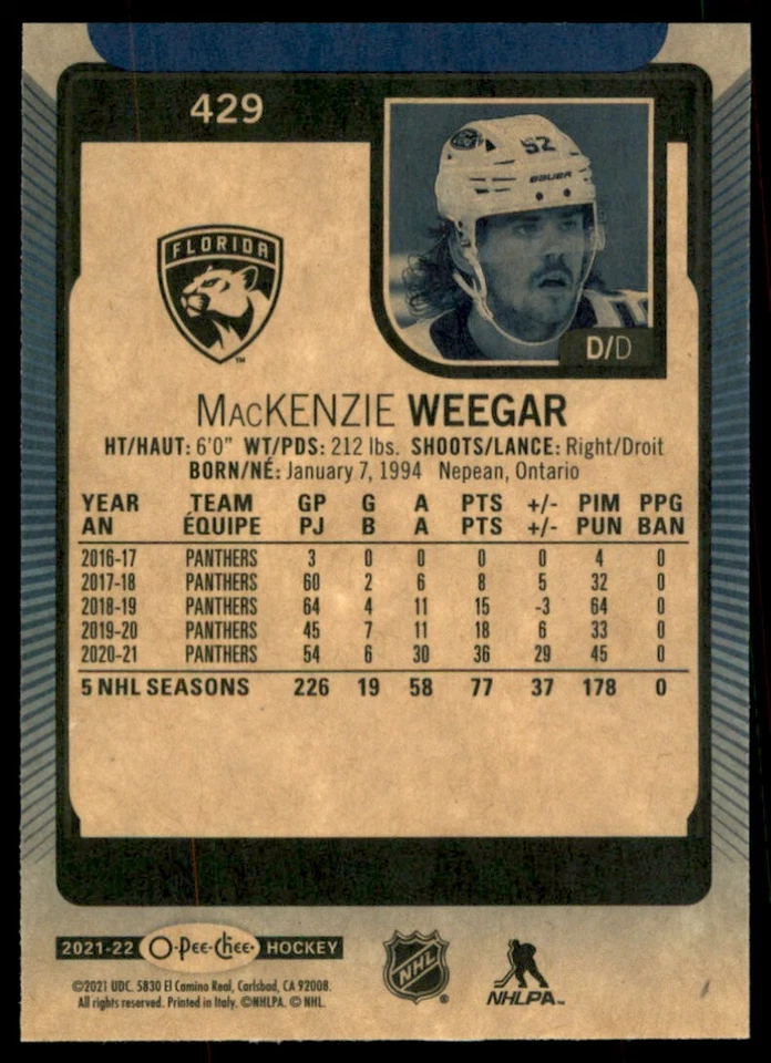 2021-22 O-Pee-Chee Blue Border MacKenzie Weegar #429 - Image 2 of 2