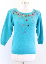 Vtg 90s Teal Rainbow Beaded Embellished Jewel Sweater Size P XSP PXS Silk Angora