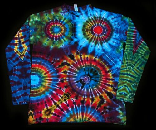 T-Shirt Gr.S - 5XL langarm handgefärbt Hippie Tie dye Batik Flower Power Goa NEU - Afbeelding 1 van 3