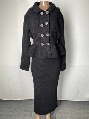 Self Portrait Womens Midi Dress Black Size L Textured Knit Peplum Long Sleeve