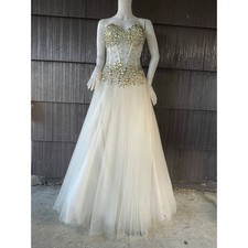 Jovani Strapless Iridescent Rhinestone Mesh White  Ball Gown Pageant Prom Fairy
