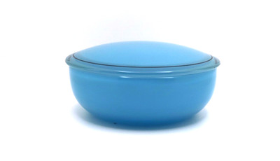 DeVilbiss Powder Vanity Trinket Round Glass Lidded Dish Blue USA Reverse Painted