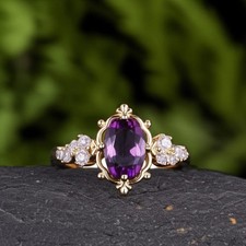 Natural Oval Cut Amethyst 925 Sterling Silver Engagement Ring Art Deco For Women