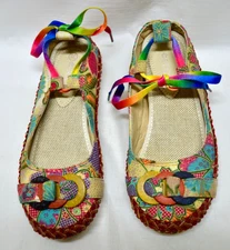 Socofy Ankle Tie Flats Handmade Bohemian  Eu 38 Multicolor EUC Sz 7.5