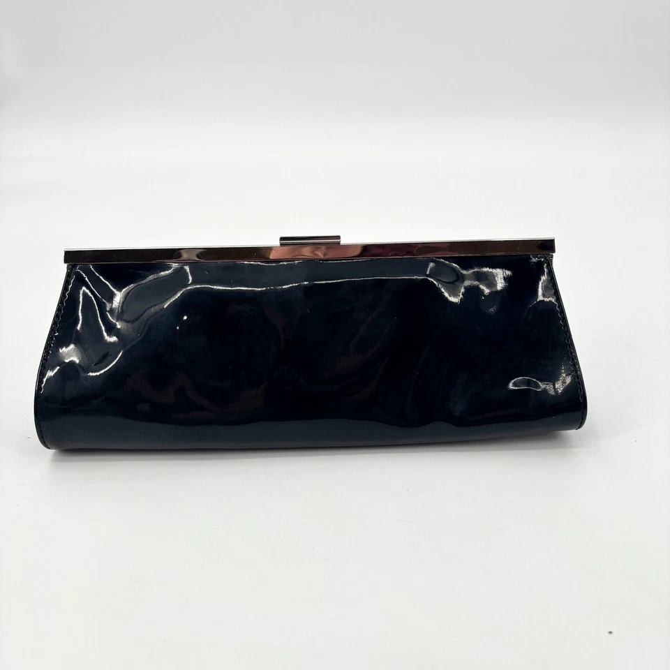 Ann Taylor Loft Black Patent Clutch Shoulder Bag Silver Chain Strap Glossy - Image 2 of 4