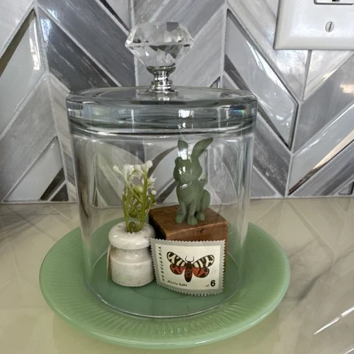 Cloche with Fire-King Jadeite plate, vintage block, stamps, knob & bunny