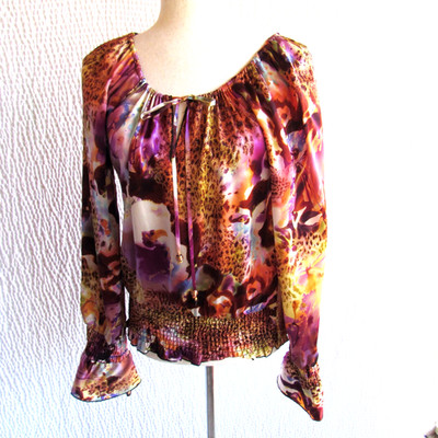 Cache  Leopard Abstract mix Keyhole Tie Peasant Shirt Top Smal l100% Silk