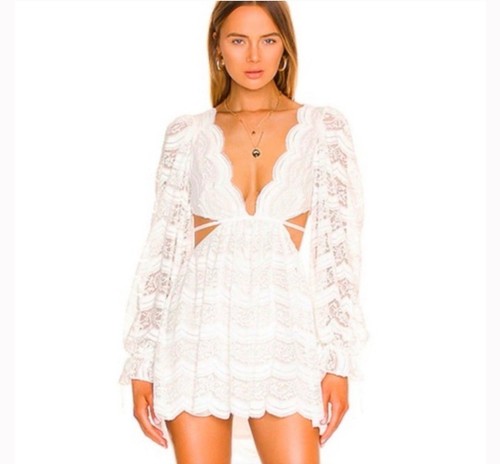 FOR LOVE & LEMONS MIMI DRESS WHITE LACE LONG SLEEVE SIZE MEDIUM SUMMER COCKTAILS - Picture 2 of 7