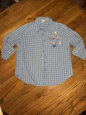 Vintage Looney Tunes Tweety Sylvester Plaid Button Down Shirt Blue Green Medium