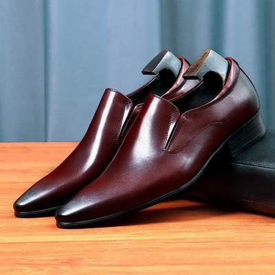 Handcrafted Men's Formal Burgundy High-Shine Slip-on Loafers with Pointed Toe