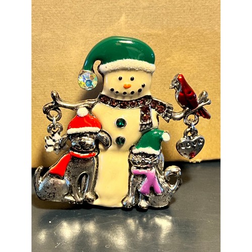 Vintage Signed KC Kenneth Cole Snowman/Cat/Dog Cardinal Brooch Snowman Brooch,