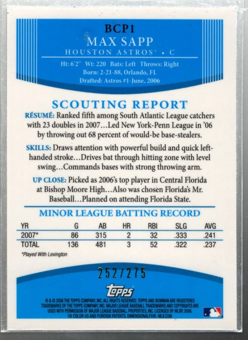 A0170- 2008 Bowman Chrome Prospects X-Fractors #BCP1 Max Sapp /275 - NM-MT - Image 2 of 2